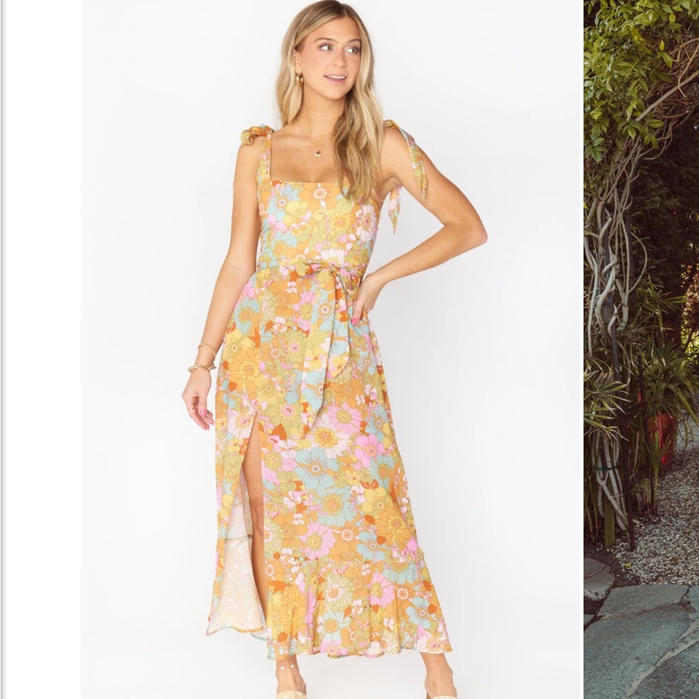 Show Me Your MuMu Mustard Floral Tie-Shoulder Midi Dress with Front Slit